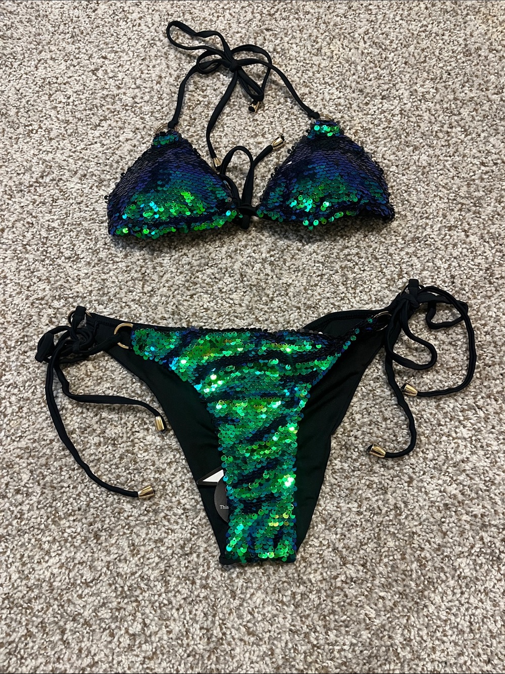 Hot Miami Styles Iridescent Green Sequin Triangle Bikini